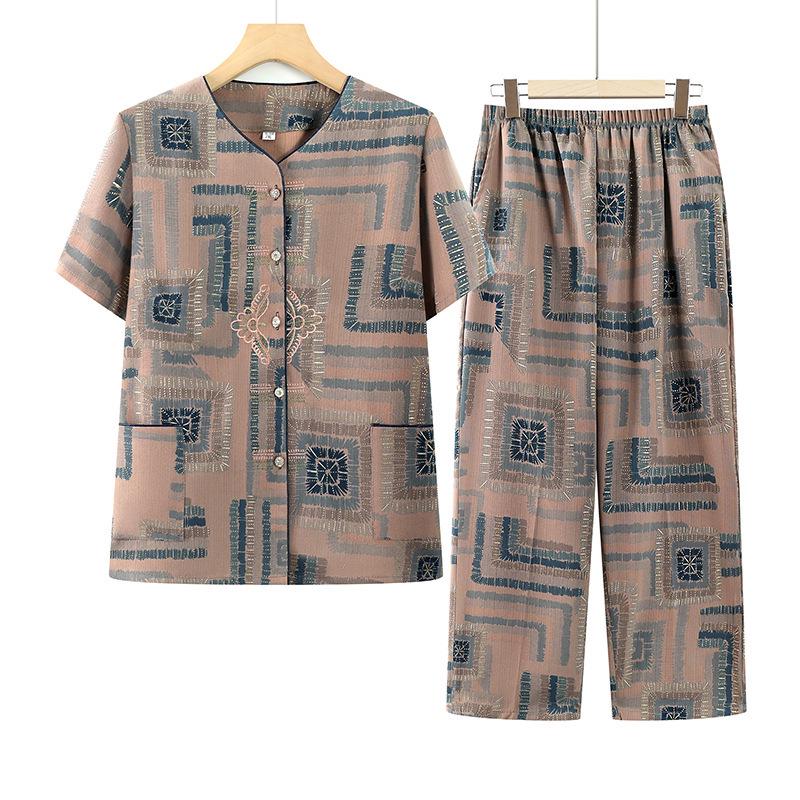 

Grandma s Chinese Style Summer Two-Piece Set: Loose, Lightweight, Breathable, Large Size, Seven-Point Sleeve. 4XL (135-150 lbs)