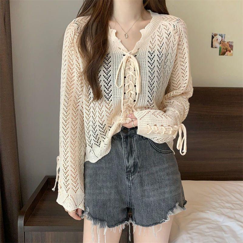 

Женский летний трикотажный топ с длинным рукавом из ледяного шелка, верхняя накидка, ажурный тонкий кардиган, рубашка для защиты от солнца S абрикосовый