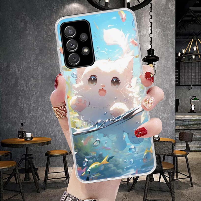 Cartoon Cute Cat Fish Aesthetic Soft Phone Case For Samsung Galaxy A12 A22 A32 A52 A72 A02S A51 A50S A71 A70 A31 A20S Note 20 Ul
