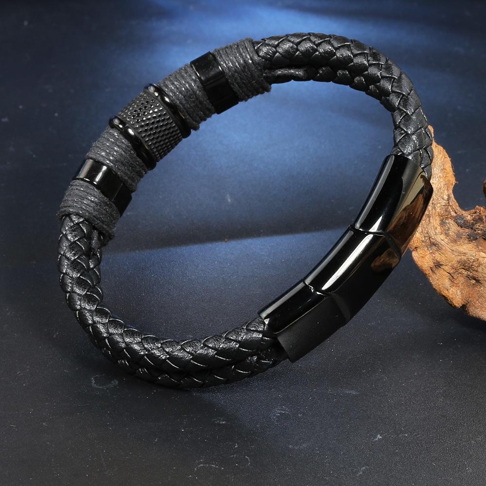 Leather stainless steel bracelet, top and bottom buckle accessories, genuine leather bracelet, men's bracelet jewelry.