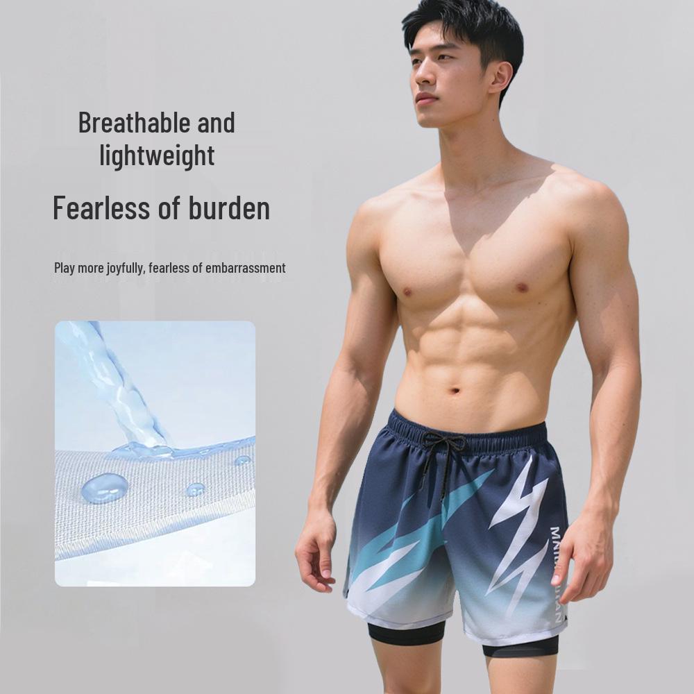 Men's Quick-Dry Double Layer Swim Trunks - Anti-Embarrassment Printed Beach Boxer Briefs