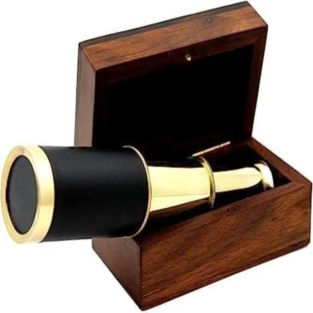 Handheld Brass Telescope 10.16 cm with Wooden Box - Nautical Pirate Navigation Tool