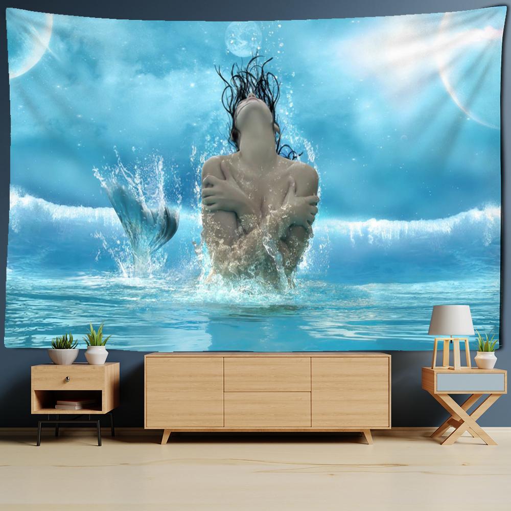 Real Scene Mermaid Tapestry Naked Mermaid Wall Hanging Hippie Sea Wall Tapestry Home Bedroom Dorm Bohemian Wall Cloth Tapiz