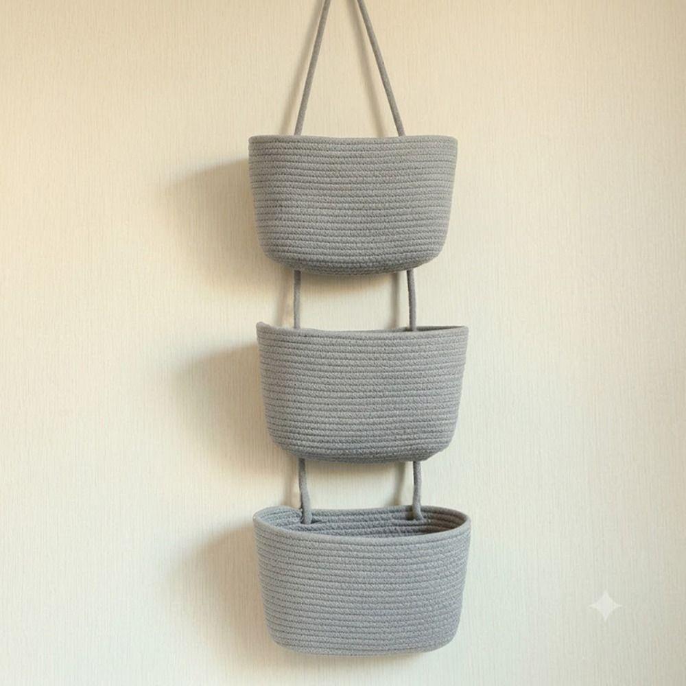 Woven Cotton Multi Pocket Hanging Baskets Handwoven Wall Mount Storage Bag Living Room