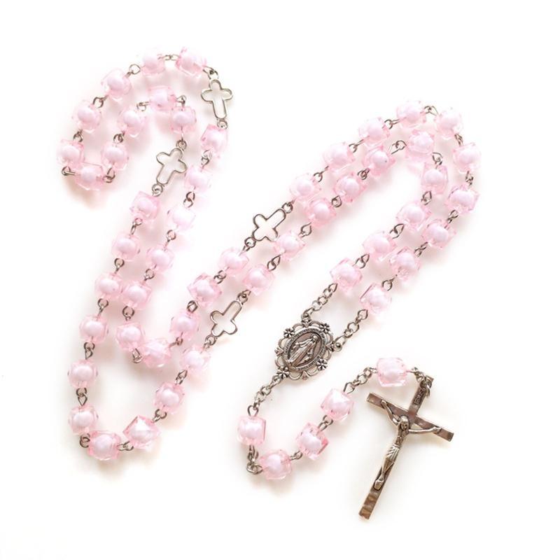 Pink Square for Cross Rosary Necklace Holy Catholic Jewelry Charm Pendant for Christian Church Home Bedroom Decoration
