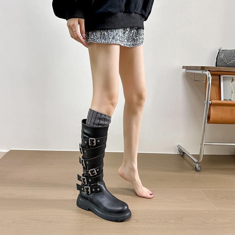 Maillard brown boots belt buckle but high heels knee autumn and winter single boots retro long tube retro style