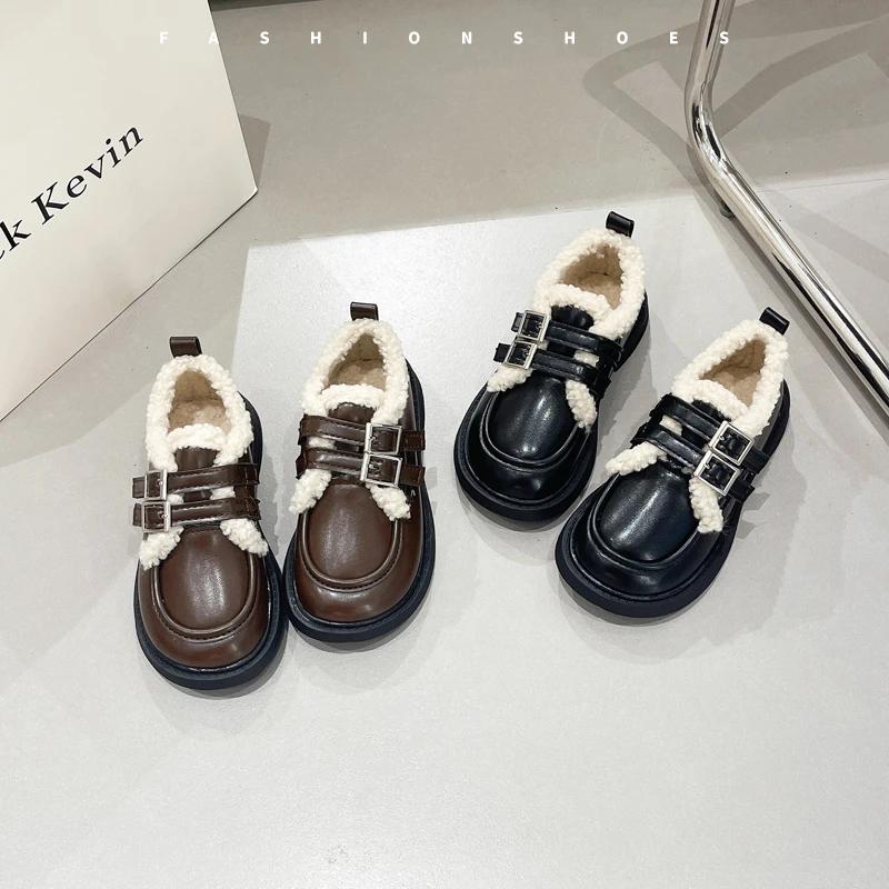 2024 Children Leather Shoes for Girls Winter New Fashion Korean Style Soft Bottom Princess Plush Anti-slippery Chic Warm Shoes
