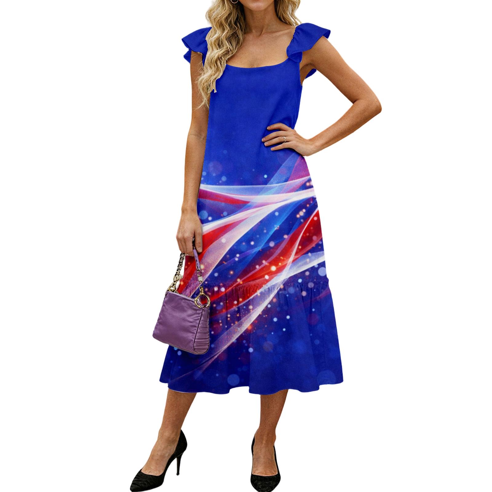 Women s Fashion Loose Mid-length Ruffled Flying Sleeve Independence Day Printed Dress S