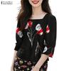 ZANZEA Women Casual Square Collar Summer 3/4 Sleeve Print Blouse