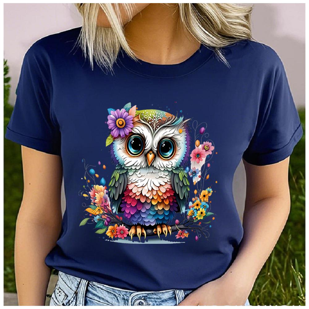 Damen Polyester 100% Bunter Eulenprint T-Shirt Lockerer Rundhalsausschnitt Lässig Kurzarm Mode Top Großhandel Kleidung Sommer
