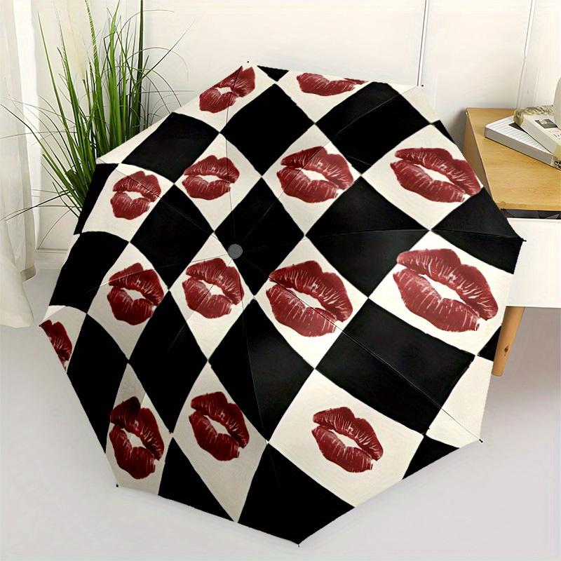 1pc Lips Chessboard Automatic Open/close, Heavy-Duty Iron Frame & 8-Rib Structure, Compact Folding Umbrella for Women/Men, All-Season Travel, Hallowee