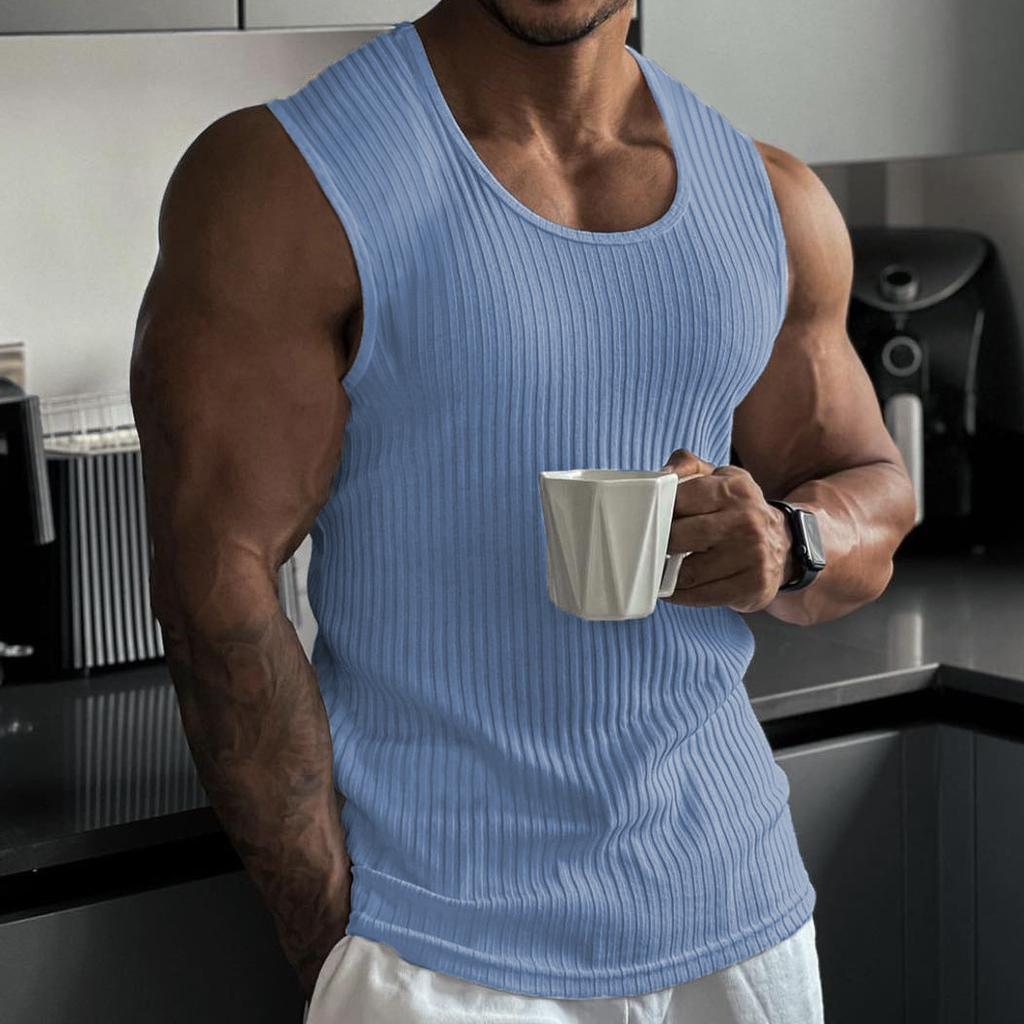 Rib Knitted Man Vests Summer Casual O-Neck Sleeveless Slim Stretch Sporty Tank Muscle Tops Fitness Clothing