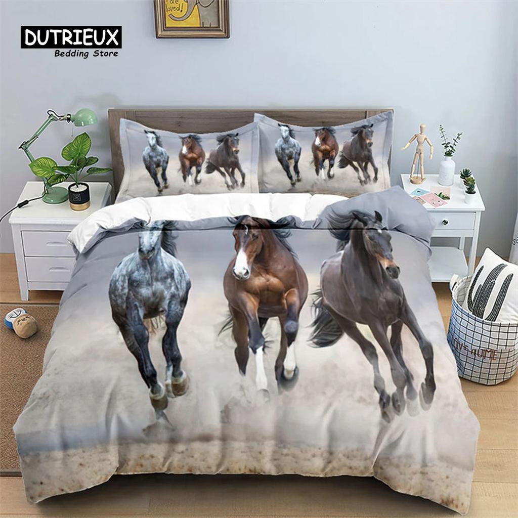 Horse Comforter Cover Set For Kids Toddler Farm Animal Pattern Bedding Set Boys Girls 3 Piece Farmhouse Cowboy Duvet Cover Set