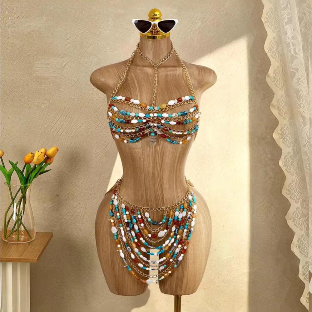 Fashion Sexy Metal Acrylic Neck Body Chain Colorful Beads Halter Dress Masquerade Stage Party Jewelry Accessories Two Pieces
