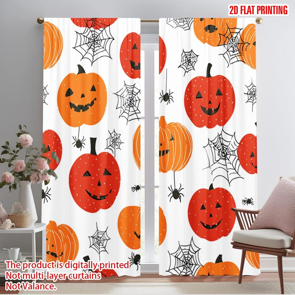 2pcs,2D Plane Printing Creative Curtains Pumpkins and Webs Durable 100% Polyester Fabric (without Rod) Holiday for Bedroom &