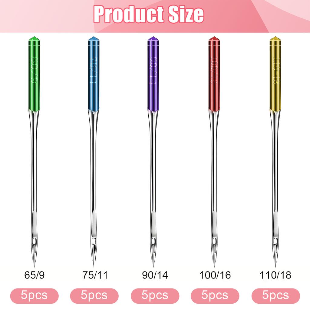 Anti-Skip Universal Sewing Machine Needles, 5 Sizes 9/11/14/16/18, One Pack for Singer Brother Janome Pfaff Home Sewing Machines