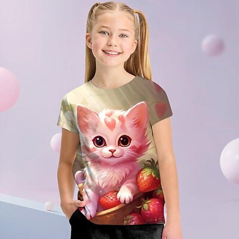 

Футболка для девочек с 3D-графикой мультяшного кота, футболка с короткими рукавами и 3D принтом, лето-весна, активная мода, милый полиэстер, для детей 3-12 лет, на открытом воздухе 160