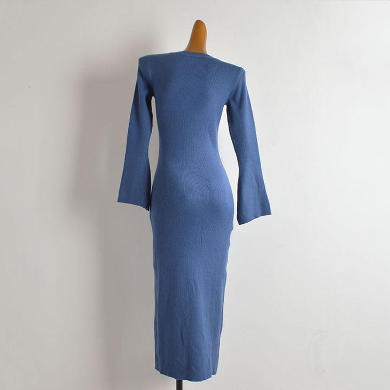 Fashion Style New Arrival Diagonal Collar Elegant Flare Sleeve Knitting Dress Women's Clothing Fall Slim Fit Hip Split Long Skirt