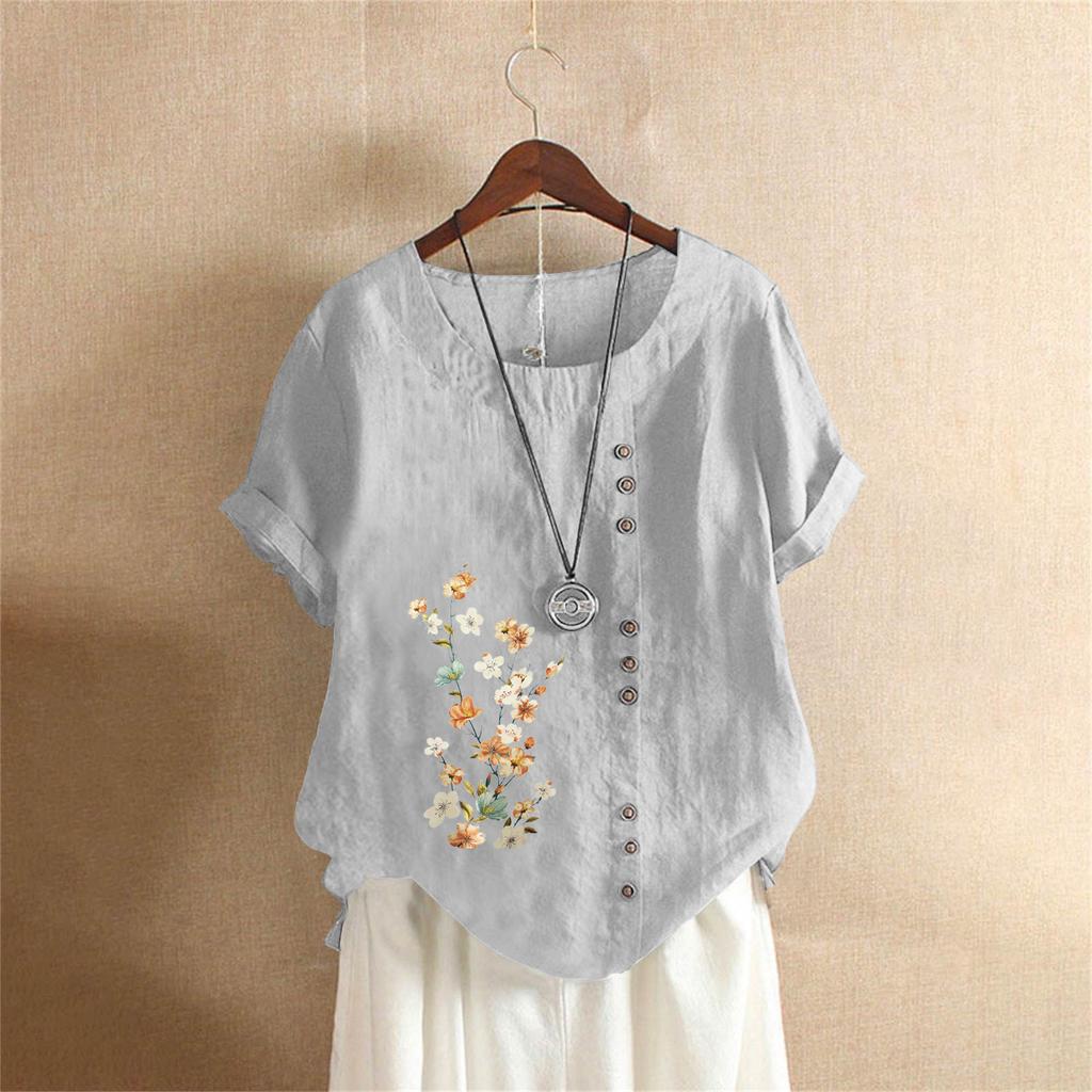 T-shirt Estiva Oversize in Cotone e Lino a Maniche Corte, Abbigliamento Donna Oversize Stampato in Cotone e Lino