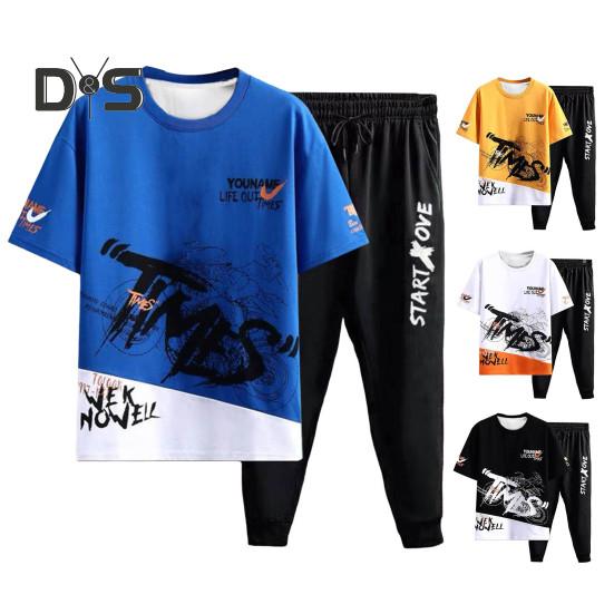 2Pcs/Set Men Summer Sportwear Set Letter Print O-neck Short Sleeve T-shirt Elastic Waist Drawstring Sweatpants Set Sport Outfit