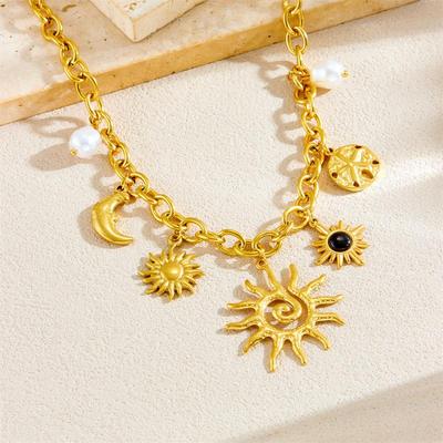 Trendy Zeester Maan Zon Vormige Hanger Bedel Ketting Statement Roestvrij Staal Gouden Ketting Sieraden PVD Gecoat