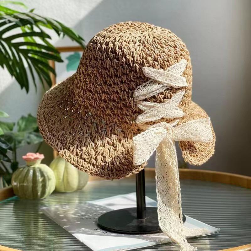 Women's Lace Bow Straw Hat 2026 New Summer Fashionable Foldable Wide-brimmed Sun Hat Beach Vacation Outerwear Hats for Ladies