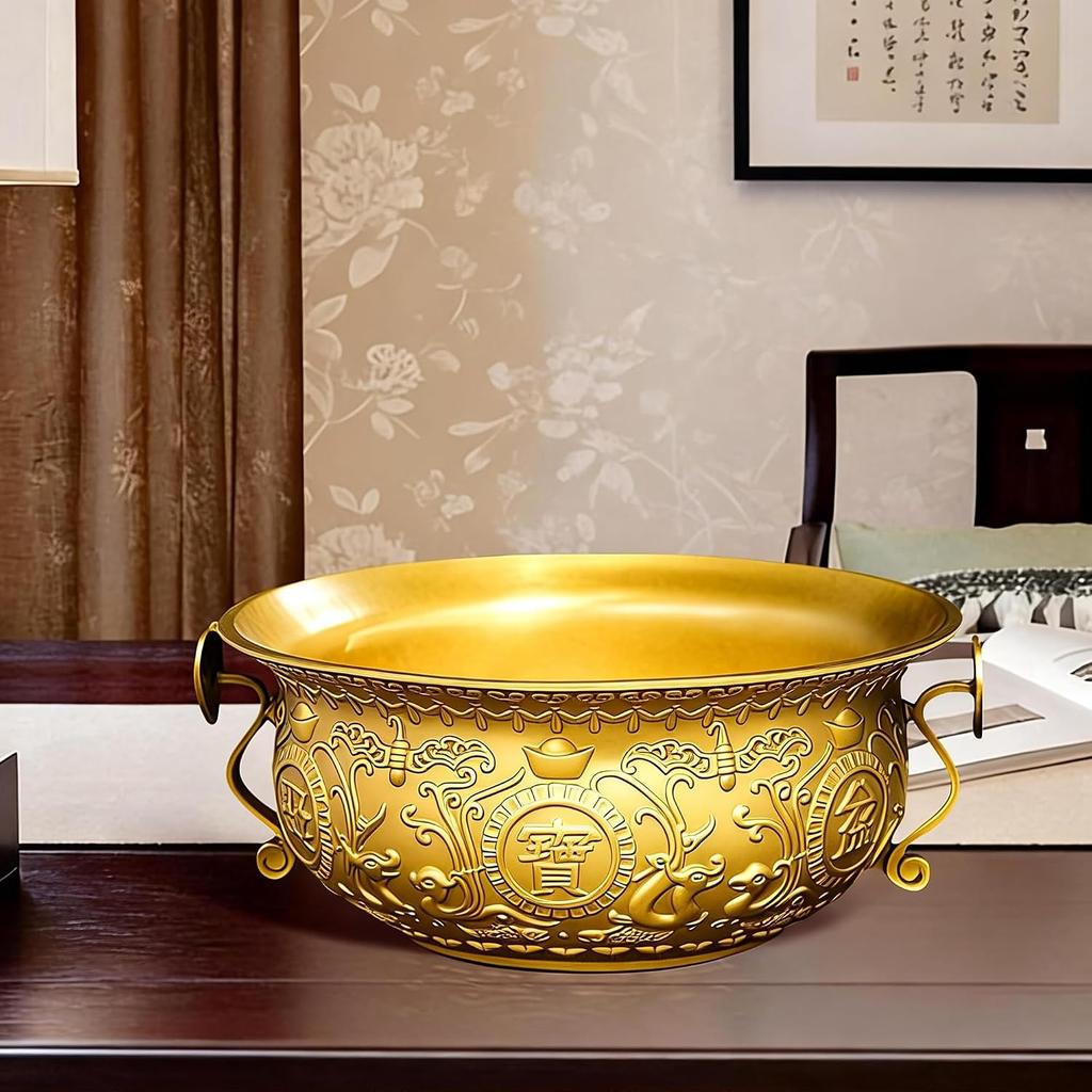 Aris & Juno Brass Treasure Bowl - Traditional Chinese Style, Perfect for Home or Office To Attract Wealth and Good Fortune (Length: 13 Cm)