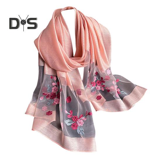

Шарф из искусственного шелка с вышитым бисером и цветком яблони, женская универсальная шаль, удобный шарф из искусственного шелка розовый