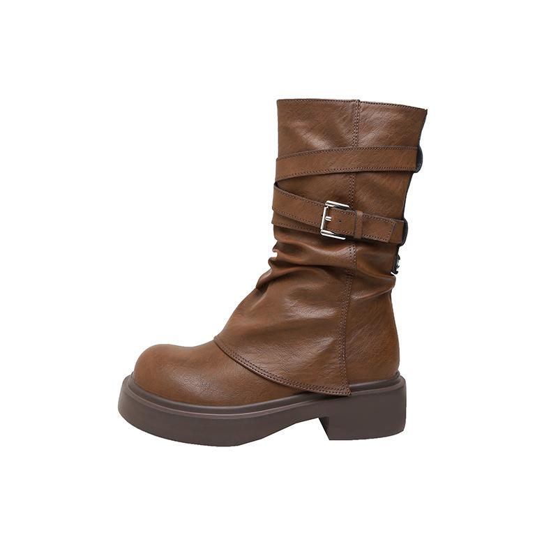 Maillard Retro Mittelschaft Martin Stiefel Damen Herbst und Winter Britischer Stil Plissierter Hosenschaft Stiefel Gestapelte Plateau Kurzstiefel