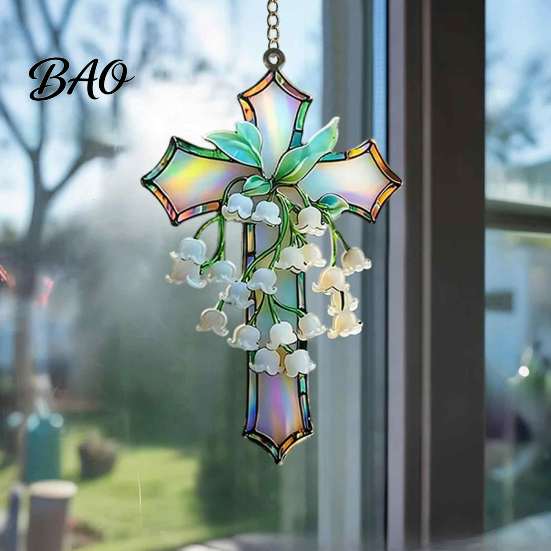 Window Hanging Sun Catcher Lily of The Valley Suncatcher, Acrylic Stained Glass Style Pendant Ornament with Metal Chain, Elegant Floral Wall