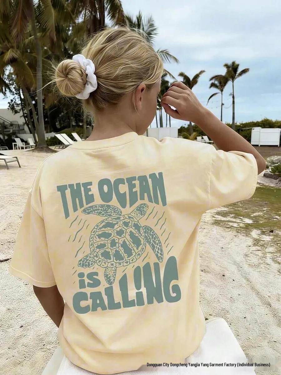 Damen Kurzarm-T-Shirt mit Meeresschildkröten-Print, 100% Baumwolle, Lässiger Sommer-Look S helle gelbe
