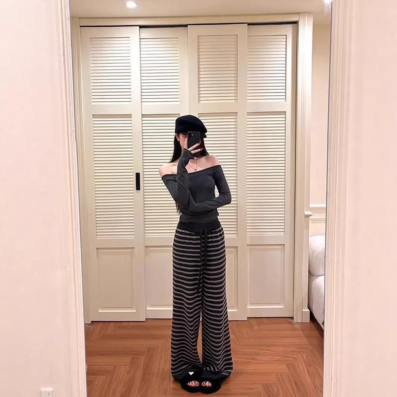 

Women s High-Waisted Color-Block Striped Wide-Leg Pants - Relaxed, Casual, Floor-Length for Spring & Autumn M чёрный