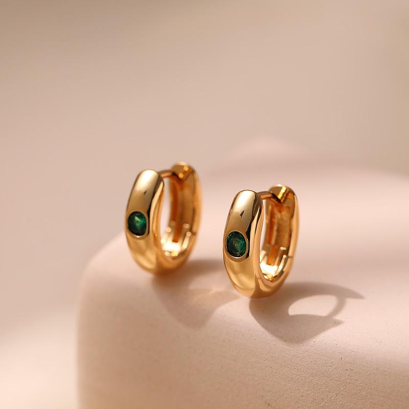 Women 18k Gold Plated Brass Small Plain Hoop Earrings Inlaid Green Zircon