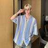 Korean Style Contrast Color Short-Sleeve Shirt - Men's Summer Trendy Loose Lapel Knitted Top