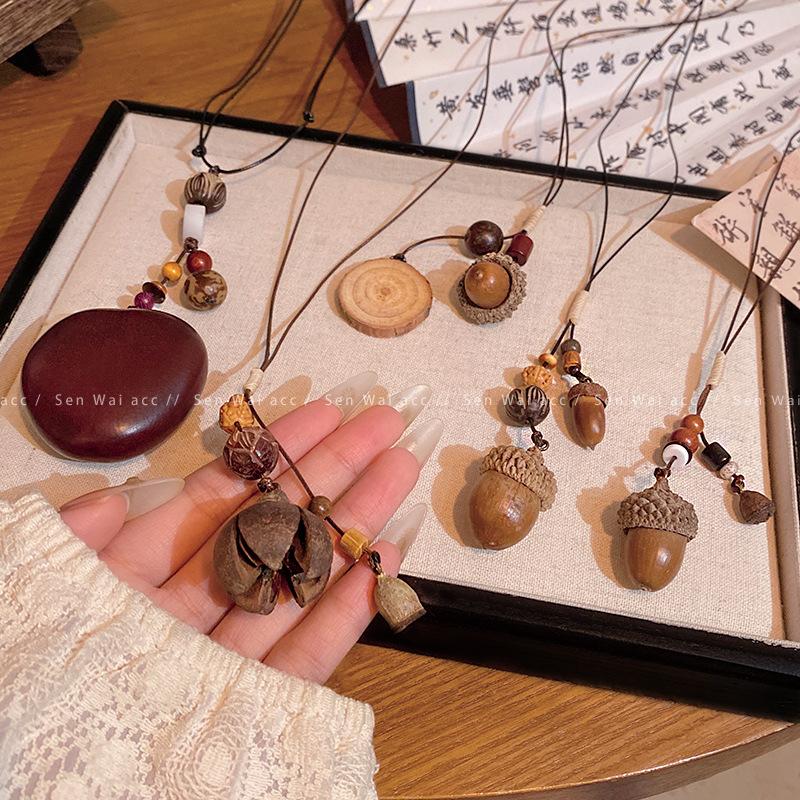 New Chinese style long acorn pendant necklace female retro ethnic style zen wooden sweater chain hanging neck