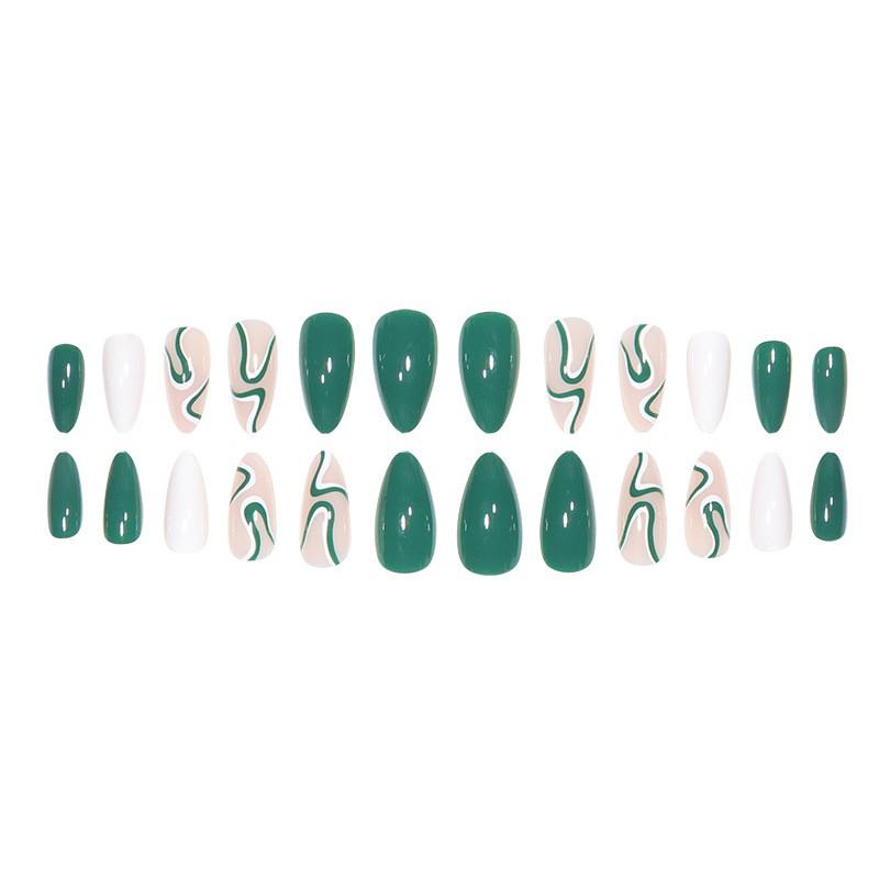 Reusable Press-On Nails With Green Line Design Almond Shape Minimalist Style Gel Glue Or Jelly Adhesive