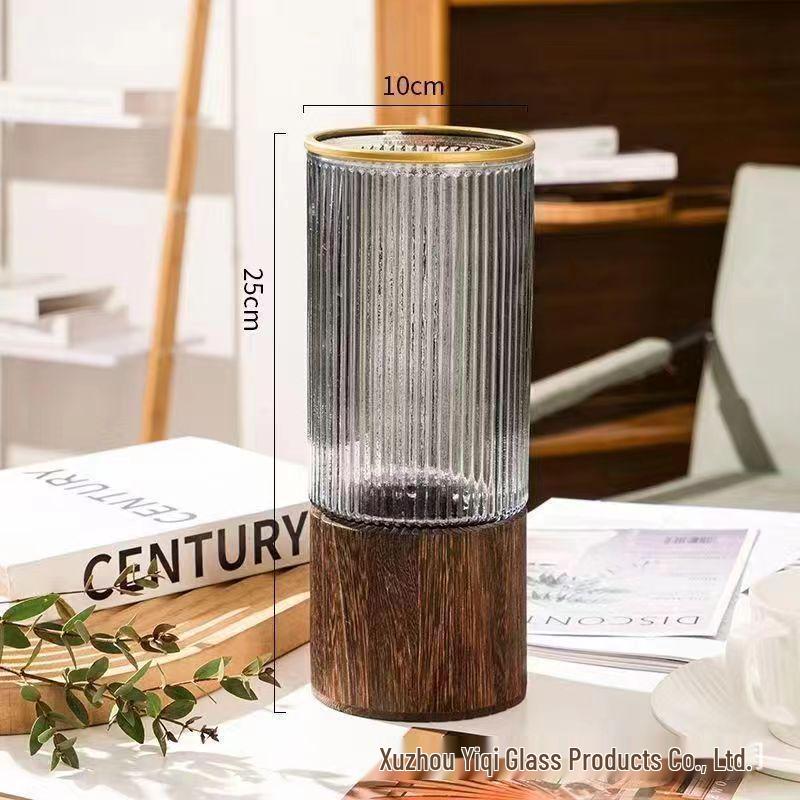 Nordic Light Luxury Crystal White Glass Vase with Wooden Holder for Fresh Flowers - Living Room Decor