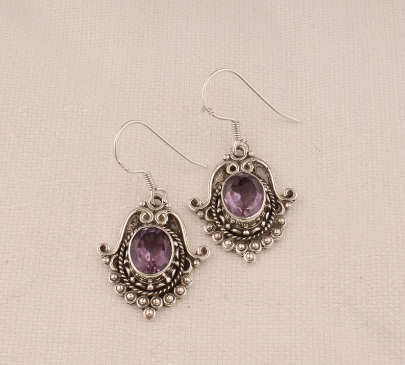 Solid 925 Sterling Silver Amethyst Gemstone Handmade Boho Designer Women Dangler Earring