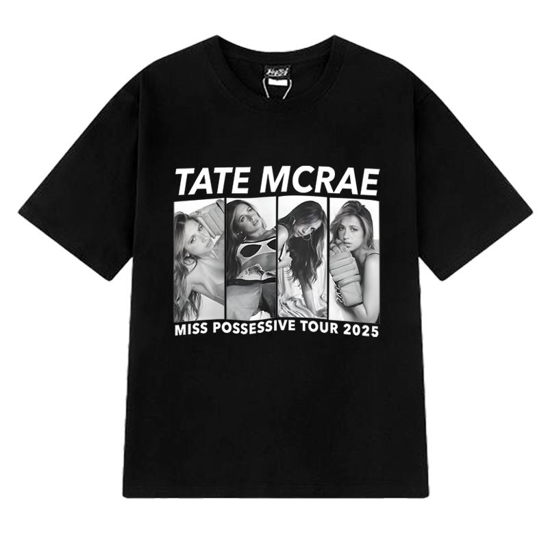 Neu in Tate Mcrae Welttournee 2025 Print T-Shirts Unisex Damen Vintage Oversized Kurzarm-T-Shirt Unisex Schwarz 100% Baumwolle Tops