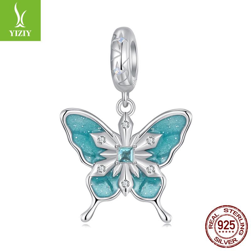 925 Silver Beads Creative Blue-Green Bird Butterfly Insect Spring Series Diy Beaded Bracelet Accessories