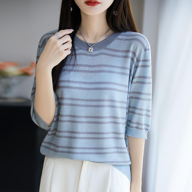 Tencel Crew Neck Striped Knitted Sweater Short Sleeve Women's Summer New Fashion Versatile Gradual Change Color Half Sleeve Bottoming Shirt Top