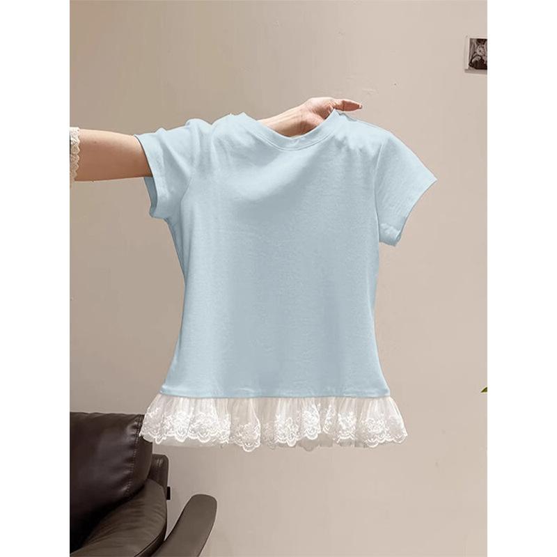 

Pure lace hem round neck short-sleeved T-shirt women s summer new slim and thin student tops trendy XXL синій