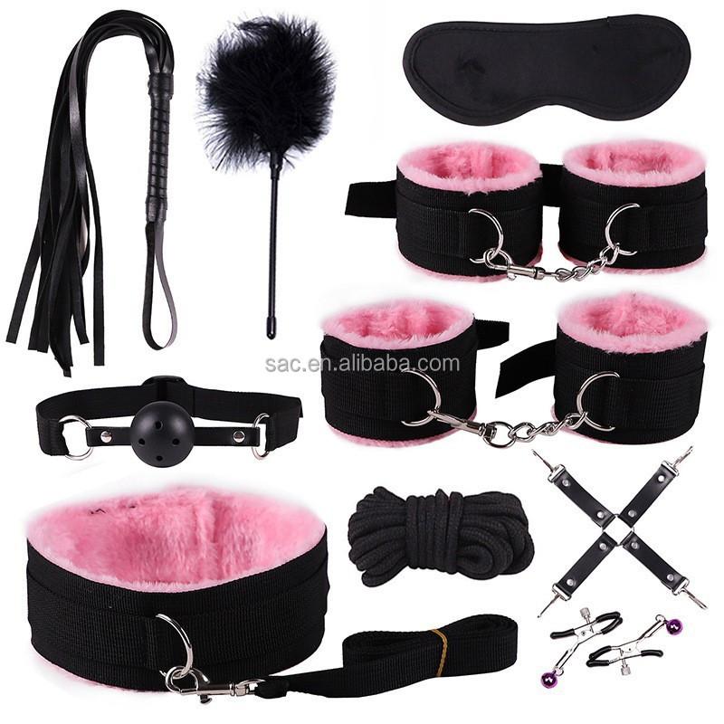 SacKnove Adult Sex Toys Couples 10 PCS Suit Soft Nylon Furry Restraints Whip Play Bdsm Handcuffs Kit Bondage Set for Sm Game