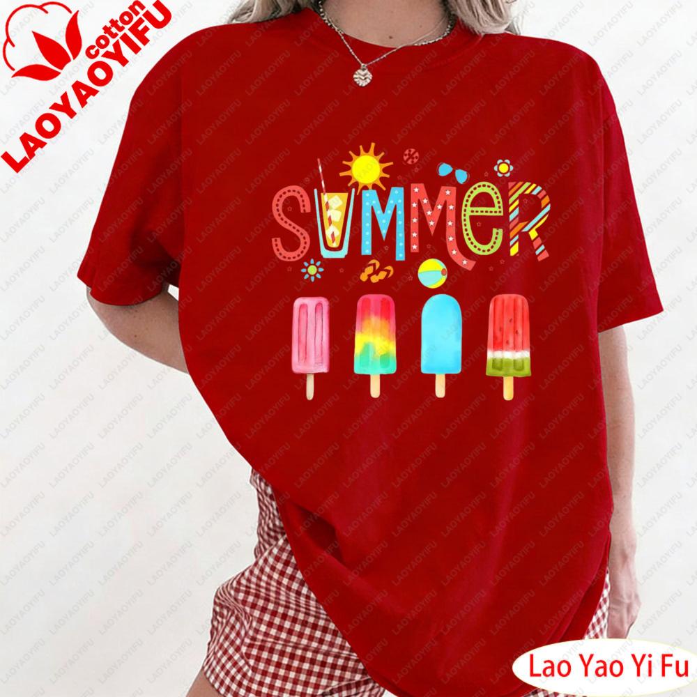 Hello Summer Vacation Ice Cream Popsicle Ice Lolly Gifts TShirt Women T Shirt Colorful Ice Cream Stick Patterns Clothes S