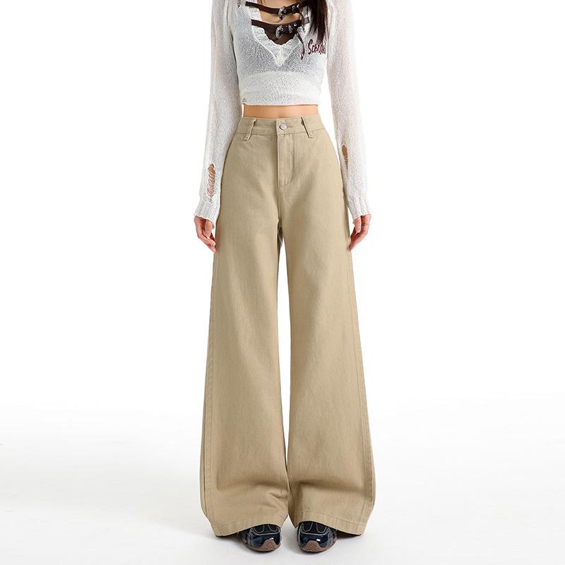 Women s Khaki Casual Wide-Leg Jeans: New Spring/Summer 2026 Slimming Loose Straight-Leg Pants XS
