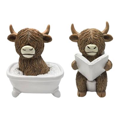 Highland Cow Figurine Collection Art Crafts Resin Creative Bath Decor Decorative Statue for Shelf Cabinet Office Desk Bookshelf