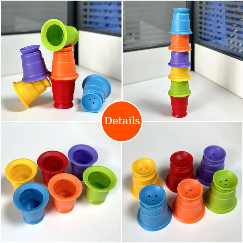Kids Rainbow Silicone Cup Stacking Game Soft Glue Suction Cup Bath Water Play Color Cognitive Educational Toys For 1-3 Years Old