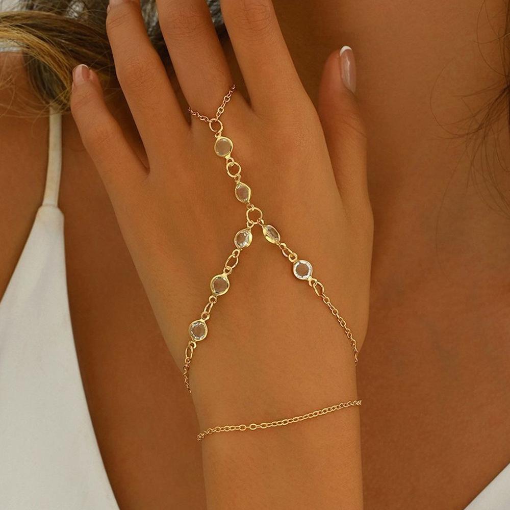 Elegant Crystal Finger Chain Bracelet with Ring - European Fashion