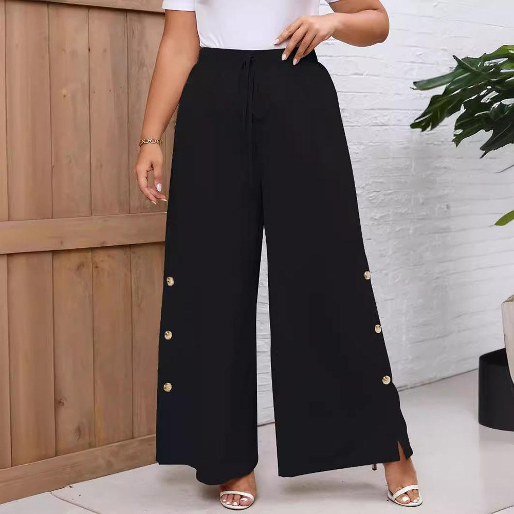 

(S~5XL) Летние женские повседневные однотонные широкие длинные брюки с завязками на эластичной резинке с высокой талией на пуговицах и подол длинные брюки с разрезом дышащие легкие мягкие брюки большого размера 2XL чёрный