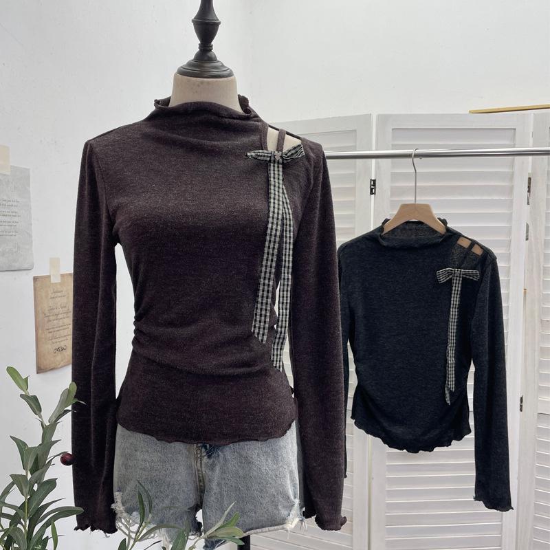 Korean Style Off-Shoulder Bow Slim Fit Long-Sleeve Women's Top